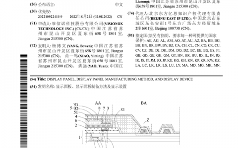 维信诺公布国际专利申请：“显示面板、显示面板制备方法及显示装置”