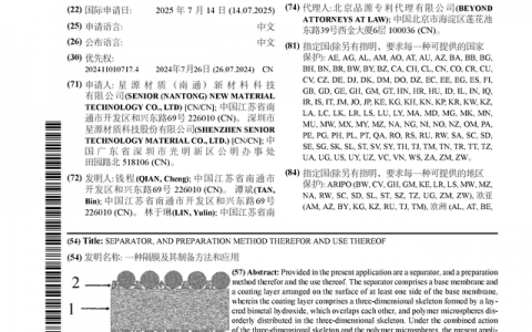 星源材质公布国际专利申请：“一种隔膜及其制备方法和应用”