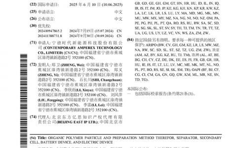 宁德时代公布国际专利申请：“有机聚合物颗粒及其制备方法、隔离膜、二次电池单体、电池装置和用电装置”