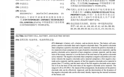 宁德时代公布国际专利申请：“电池单体、电池和用电设备”