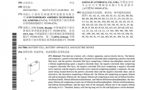 宁德时代公布国际专利申请：“电池单体、电池装置以及用电设备”