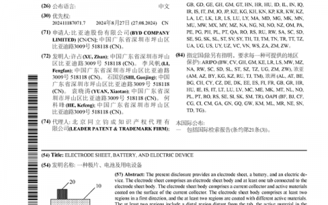 比亚迪公布国际专利申请：“一种极片、电池及用电设备”