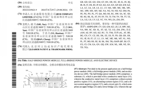 比亚迪公布国际专利申请：“半桥功率模块、全桥功率模块和用电设备”
