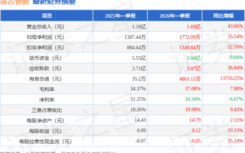 盘古智能（301456）2026年一季报简析：营收净利润同比双双增长，应收账款上升