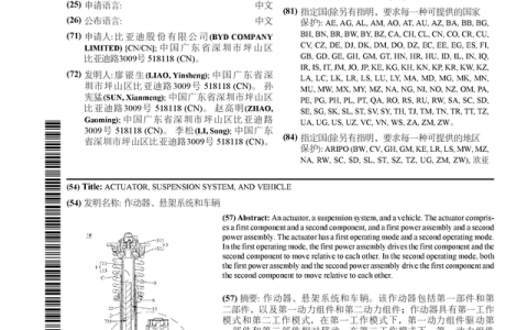 比亚迪公布国际专利申请：“作动器、悬架系统和车辆”